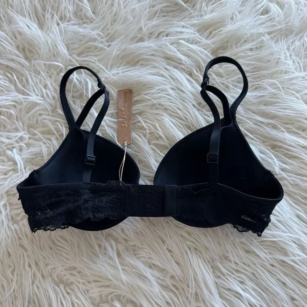 Skims Cotton Lace Lightly Lined Plunge Bra Onyx Size 34B - Picture 4 of 8